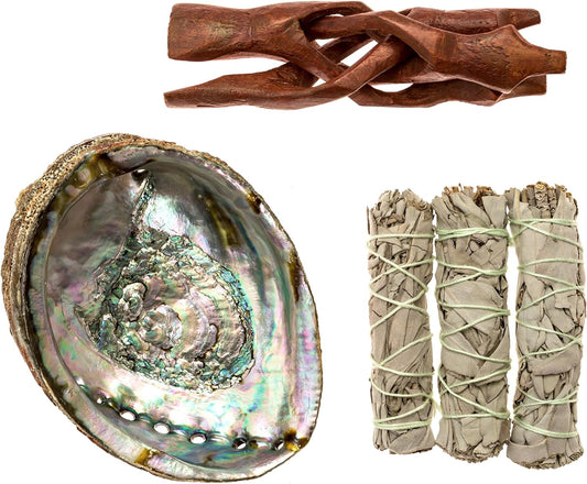 Premium Bundle with 5.5 Inch or Larger Abalone Shell, Stained Wooden Tripod Stand, and 3 California White Sage Smudge Sticks for Incense Burning, Home Fragrance, Energy Clearing, Yoga, Meditation