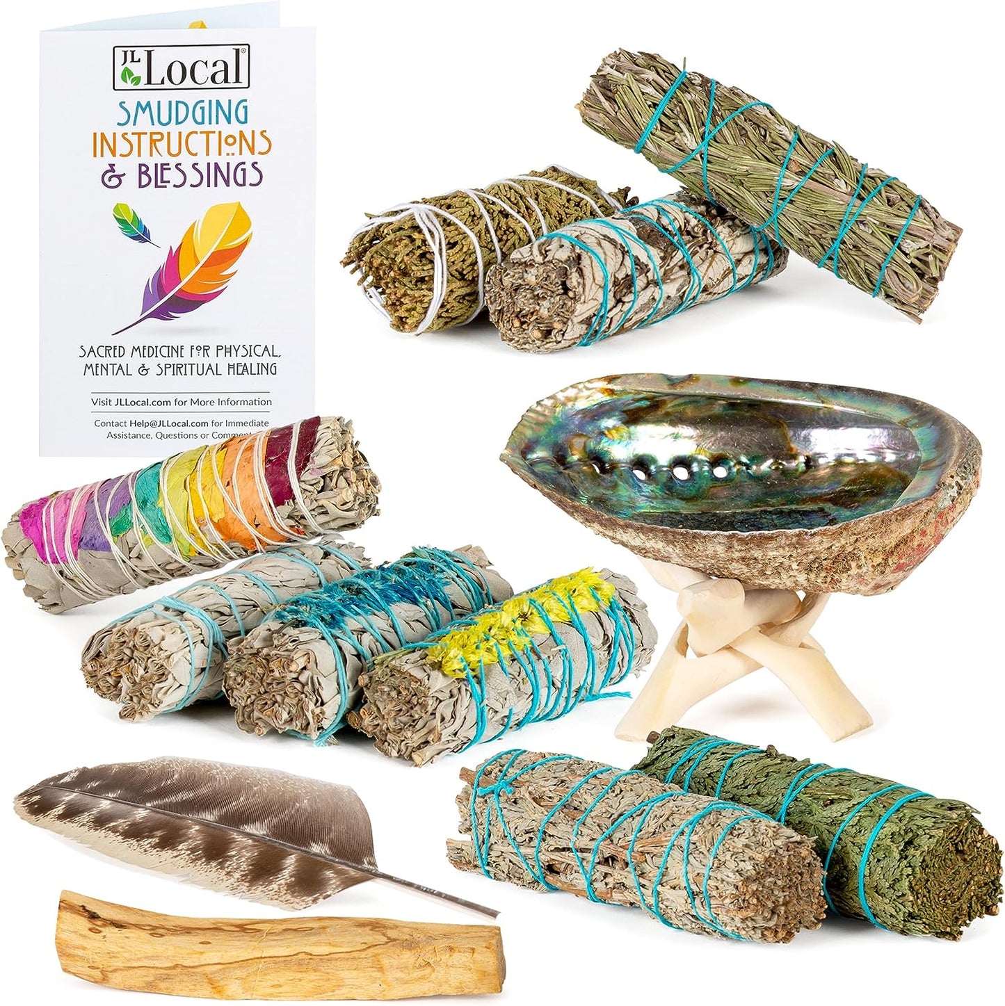 10 Sage Smudge Kit - Flower Sage, White Sage, Blue Sage, Yerba Santa, Cedar, Juniper & Palo Santo Smudge Sticks, Abalone