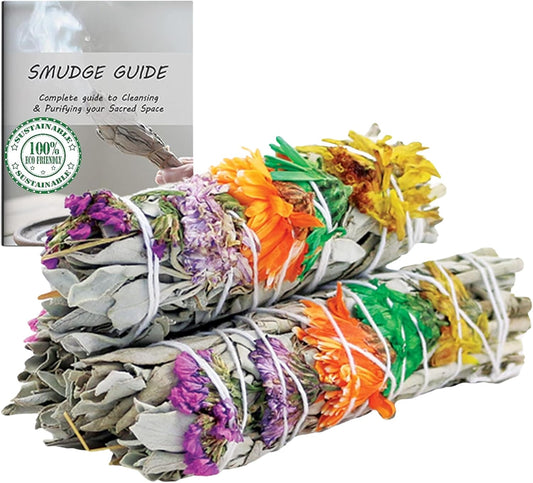 Soul Sticks 3 Pack 4 Inch Floral Good Vibes White Sage Smudge Sticks with Starter Guide | Floral Home Sage | Sage for Smudging and Negative Energy | Big Sage Stick | California White Sage Bundles